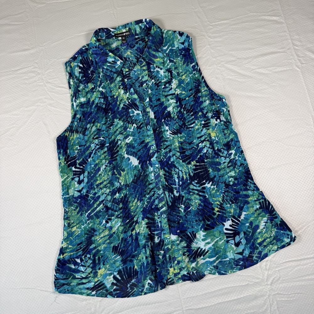 Fashion Bug Womens 0X Sleeveless Pleated Tropical Floral Blouse Teal Blue Green